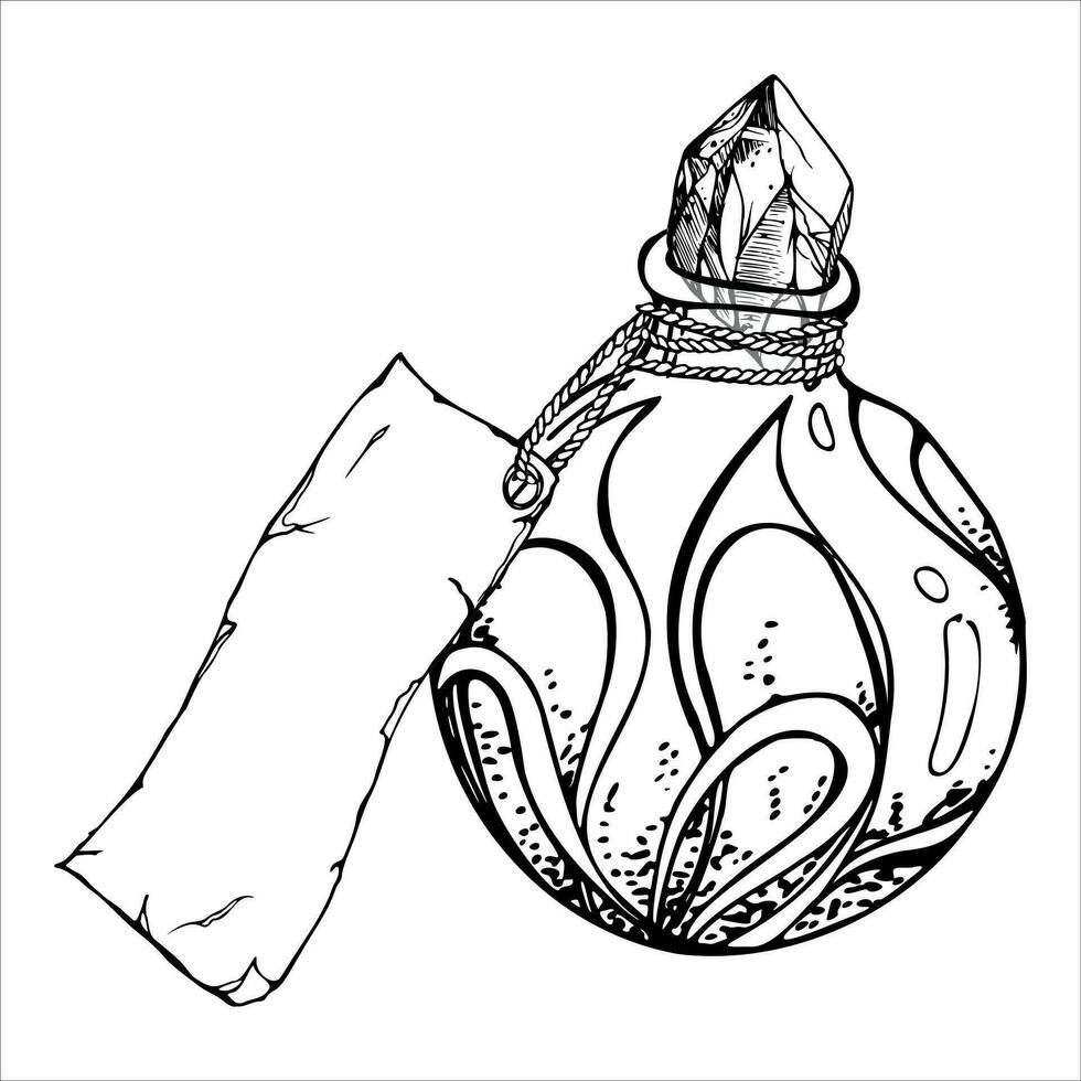 main tiré encre vecteur Fiole bouteille pour potion, papier étiqueter. esquisser illustration art la sorcellerie, médicament chimie, alchimie. isolé objet, contour. conception magasins, logo, imprimer, site Internet, carte, brochure