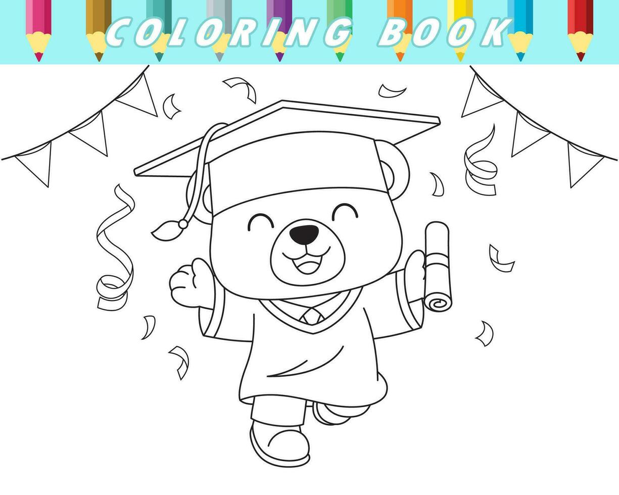 coloration livre de mignonne nounours ours dans l'obtention du diplôme robe célébrer l'obtention du diplôme journée. vecteur dessin animé illustration