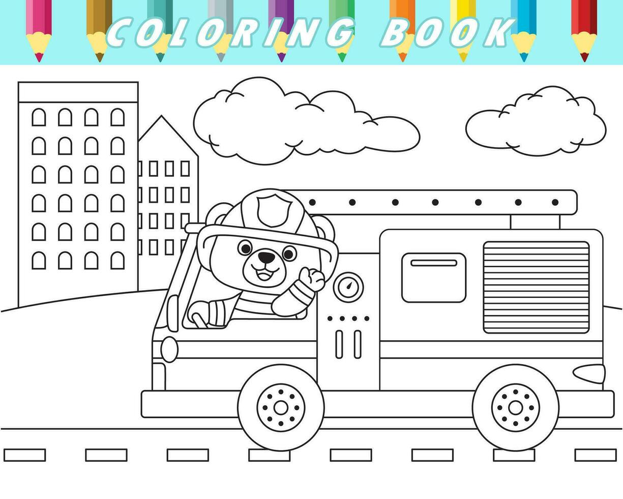 coloration livre de mignonne ours conduite Feu un camion dans ville route. vecteur dessin animé illustration