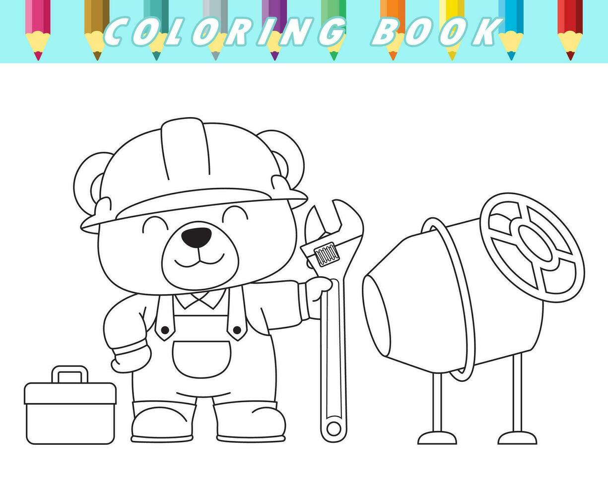 coloration livre de mignonne ours dans ouvrier uniforme en portant gros clé avec béton mixer et boîte à outils. vecteur dessin animé illustration