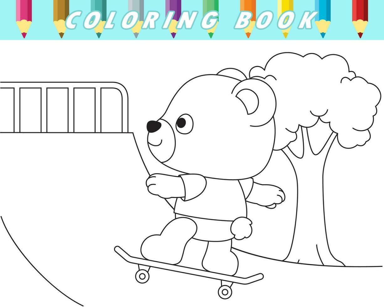 coloration livre pour enfants, mignonne ours faire de la planche à roulettes dans skatepark. vecteur dessin animé illustration