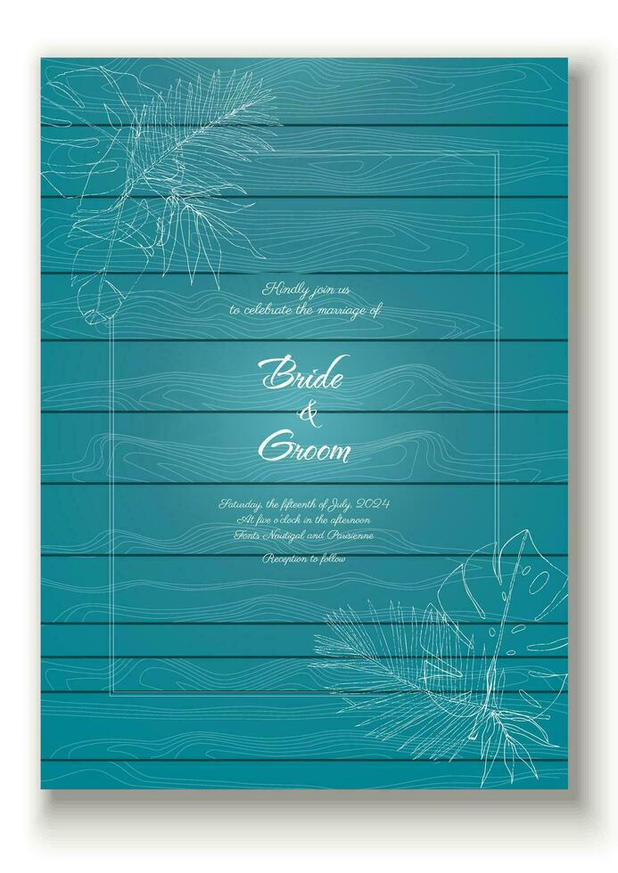 tropical feuilles esquisser contour sur bleu bois texture mariage invitation vecteur