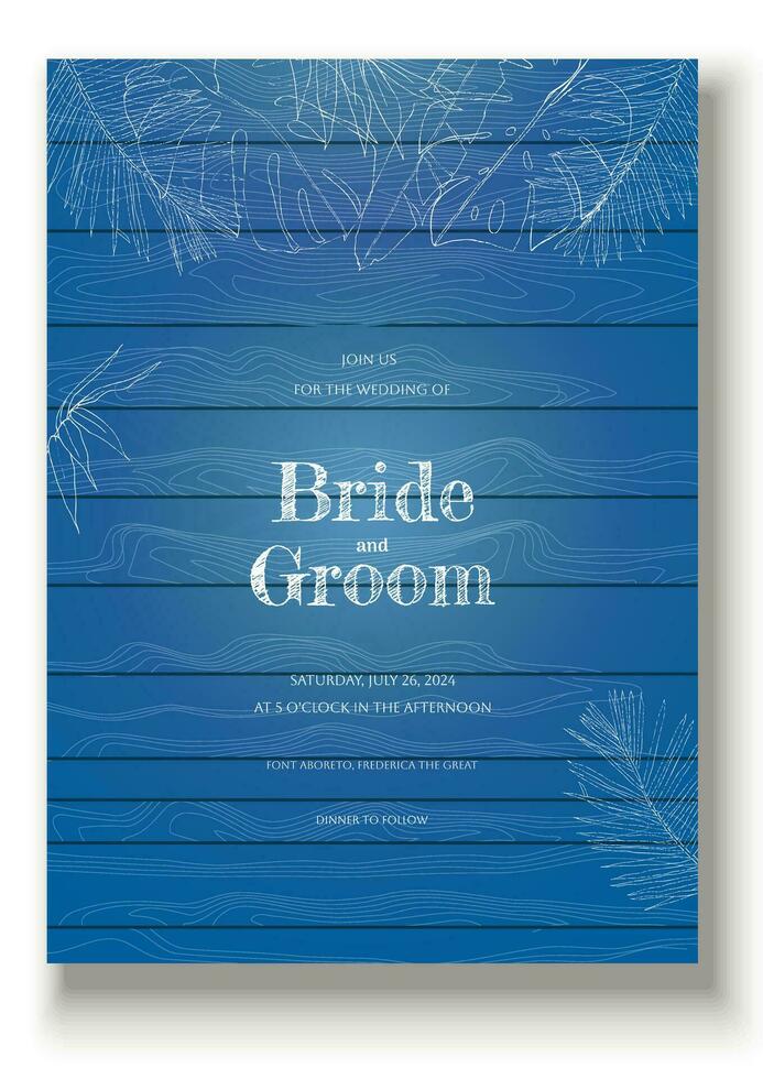 tropical feuilles esquisser contour sur bleu bois texture mariage invitation vecteur