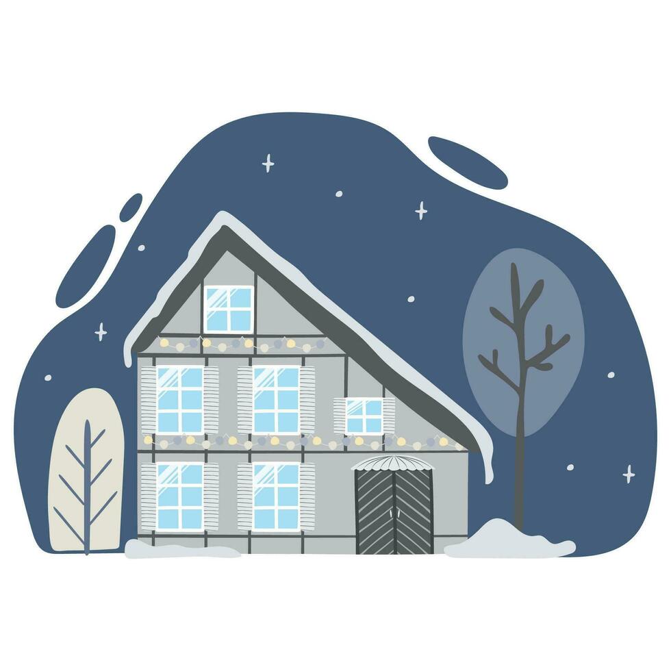 paysage avec européen maison bâtiments avec Noël décoration sur façades. vieux ville maisons avec neige sur toit, décoré pour Noël. vecteur