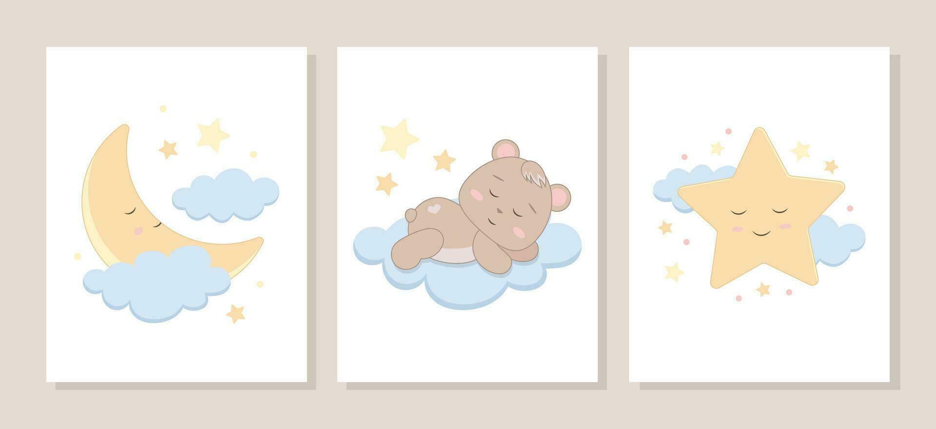 mignonne enfants affiches avec une ours lionceau en train de dormir sur une nuage, une lune, des nuages et étoiles. conception pour affiche, invitation, enfants faire la fête, anniversaire faire la fête, textile vecteur