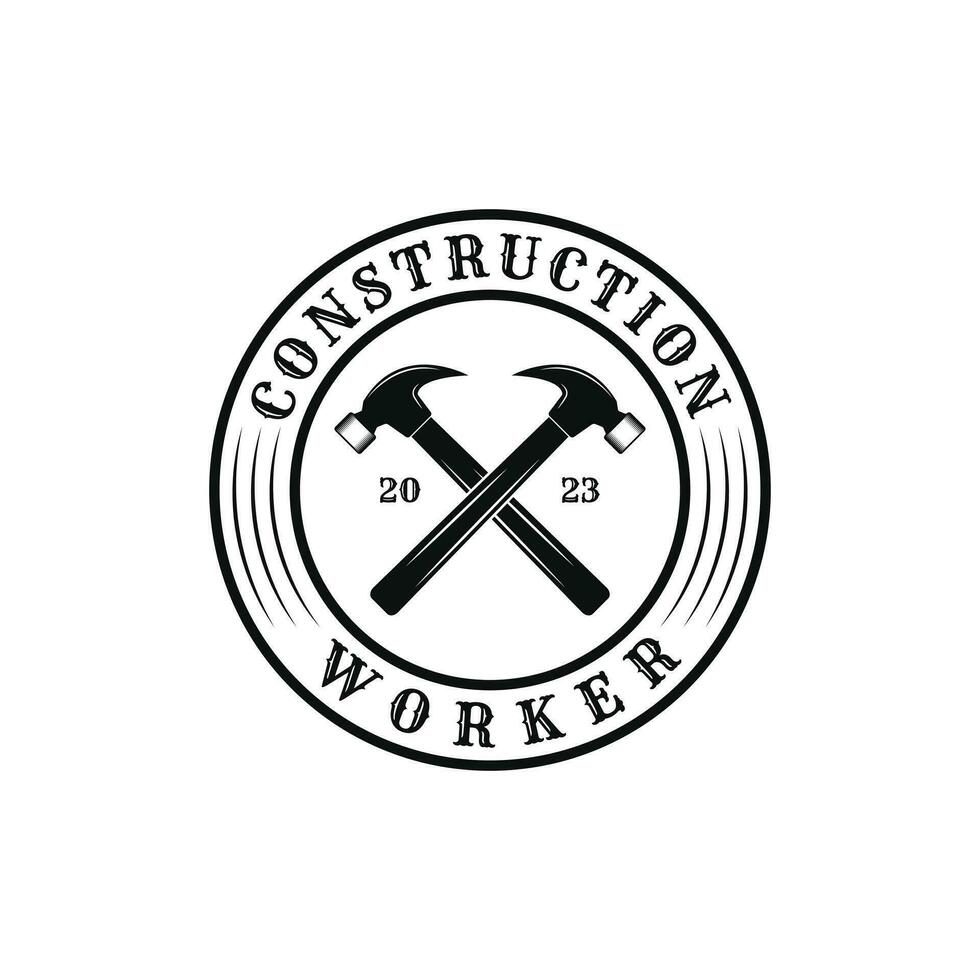 construction ouvrier logo conception ancien rétro étiquette avec marteau franchi vecteur