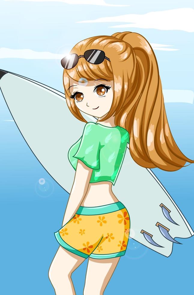 fille cool et belle avec planche de surf en été vecteur