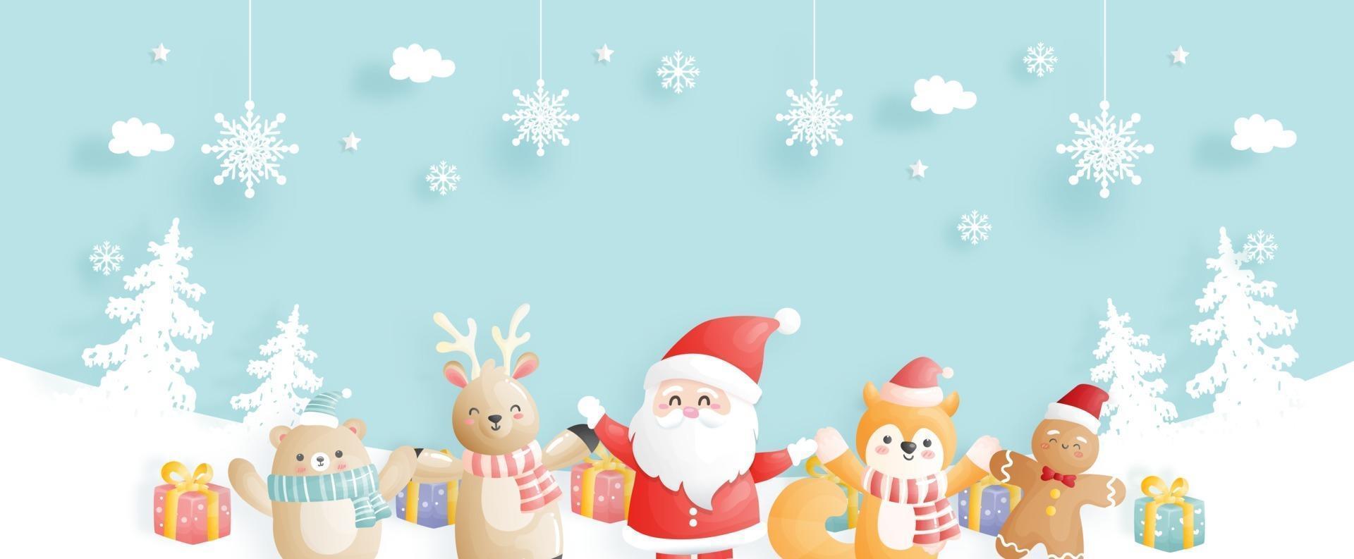 carte de Noël, célébrations avec le père Noël et ses amis, vecteur