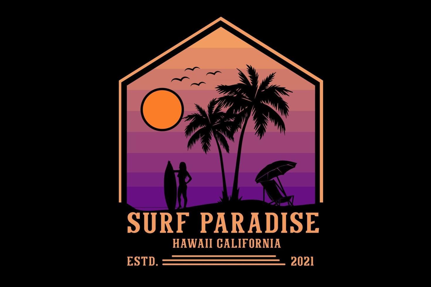 paradis du surf hawaii californie silhouette design rétro style vecteur