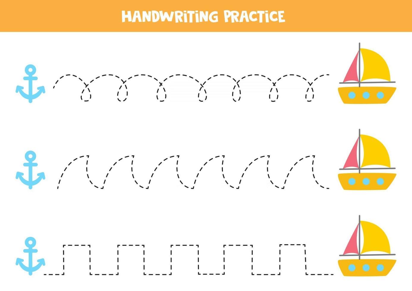 tracer des lignes avec un yacht de dessin animé et une ancre. pratique de l'écriture. vecteur