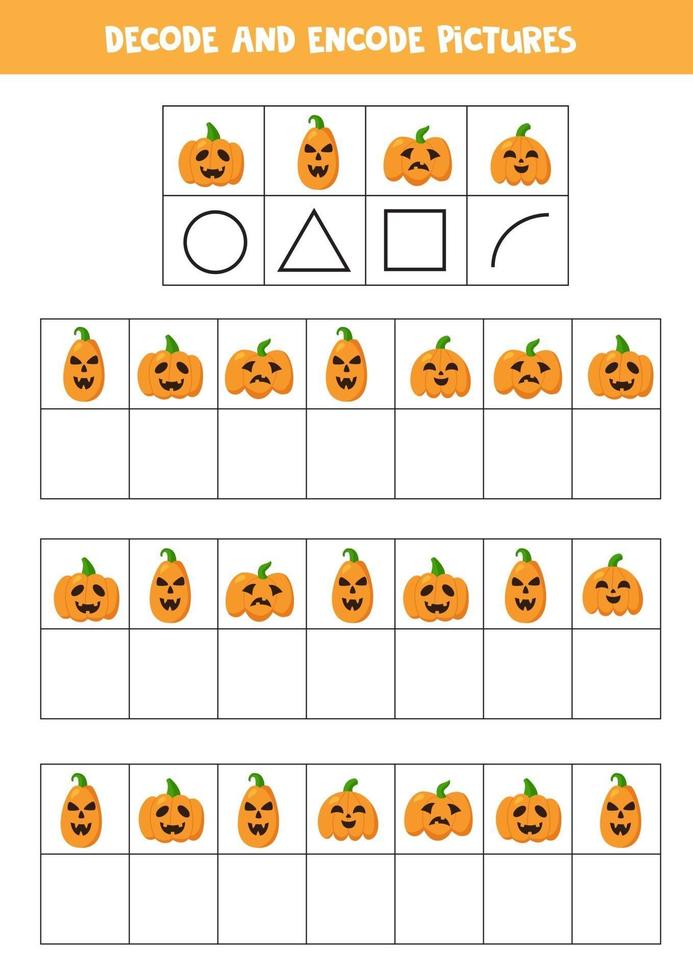 décoder et encoder l'image. écrivez les symboles sous les citrouilles d'halloween. vecteur