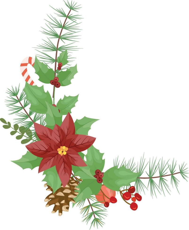 Noël décoration avec poinsettia, pin aiguilles, baies et décoratif éléments. conception élément pour Noël décoration. vecteur