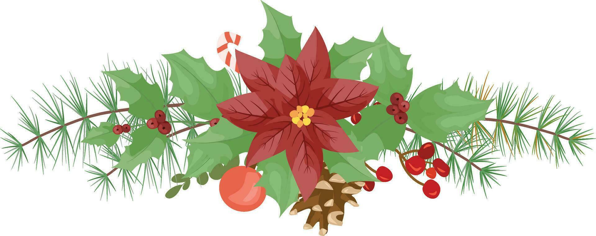 Noël décoration avec poinsettia, pin aiguilles, baies et décoratif éléments. conception élément pour Noël décoration. vecteur
