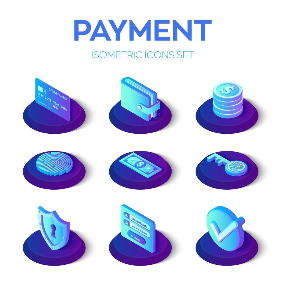 Les paiements en ligne sont définis. Icônes de paiements mobiles isométriques 3D. vecteur