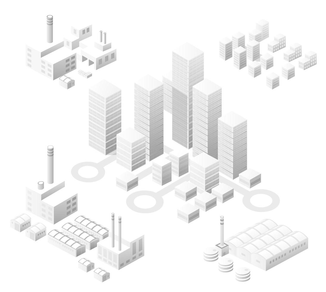 ville blanche définie isométrique avec des gratte-ciel avec des maisons vecteur