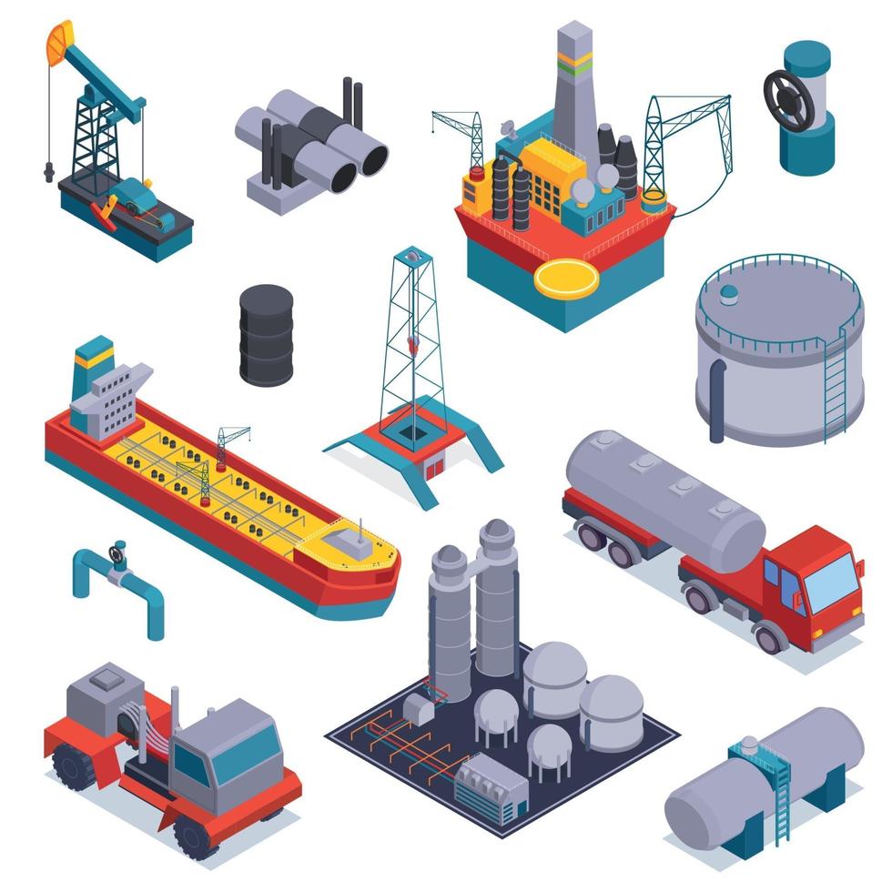 L'industrie pétrolière pétrolière isométrique icon set vector illustration