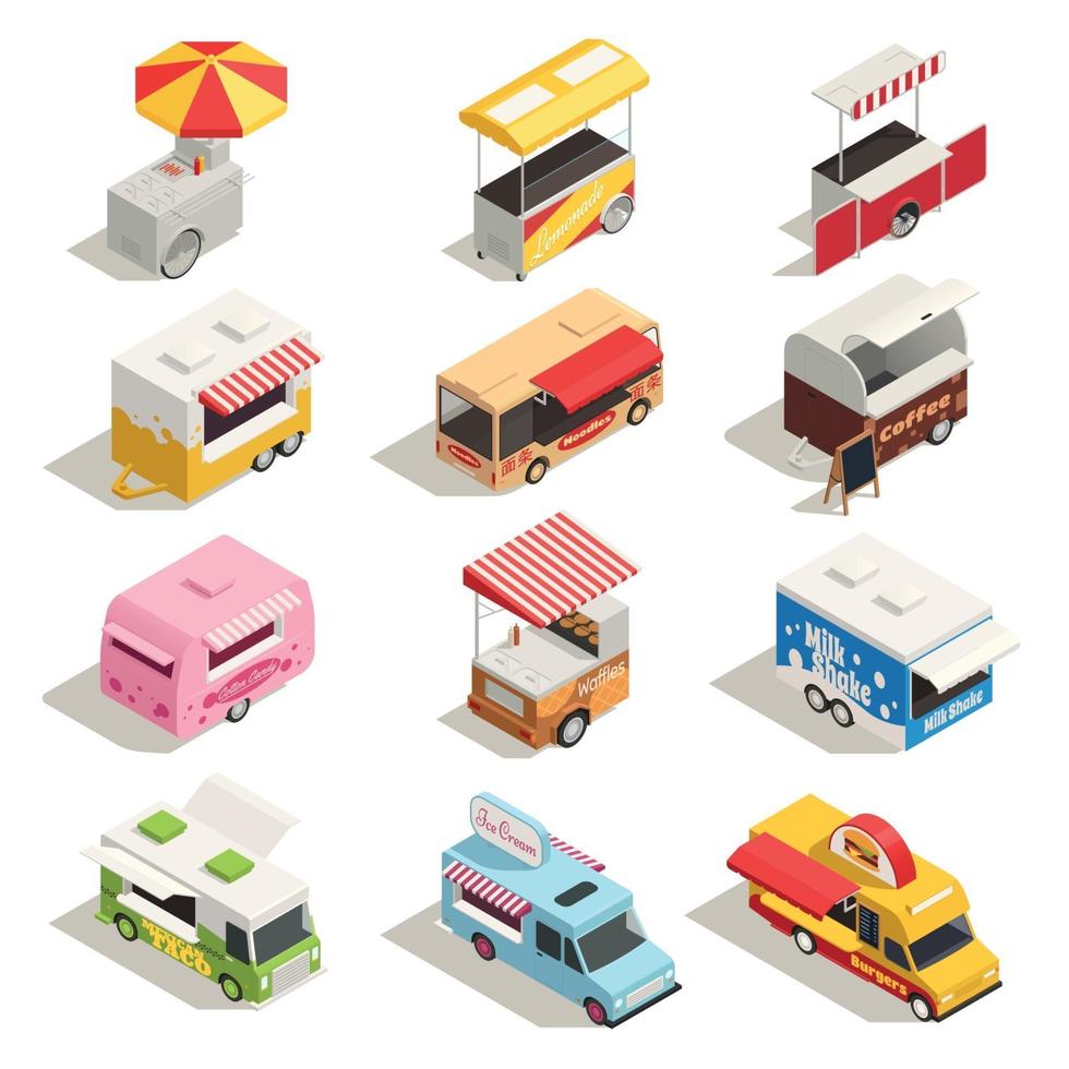 chariots de rue camions icône isométrique set vector illustration