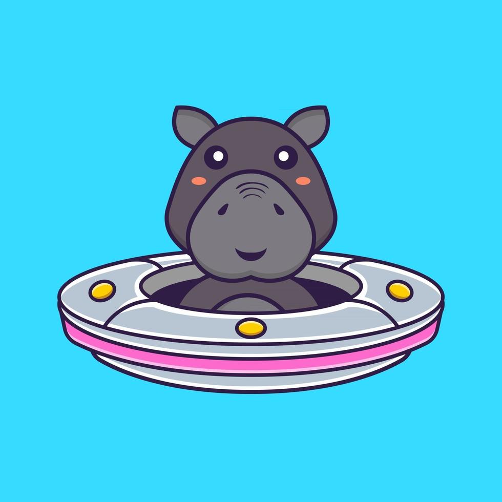 hippopotame mignon conduisant un vaisseau spatial ovni. concept de dessin animé animal. vecteur