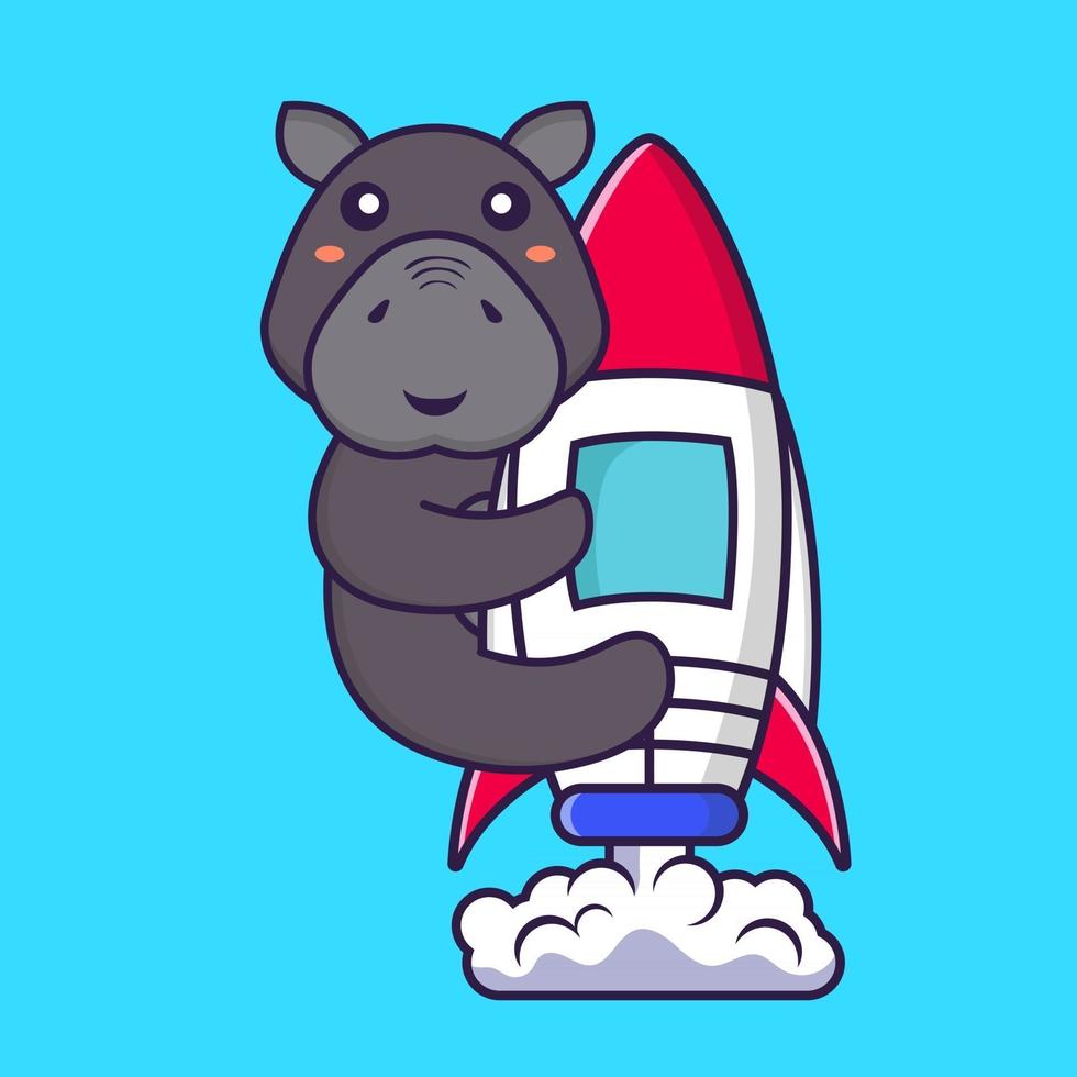hippopotame mignon volant sur fusée. concept de dessin animé animal. vecteur