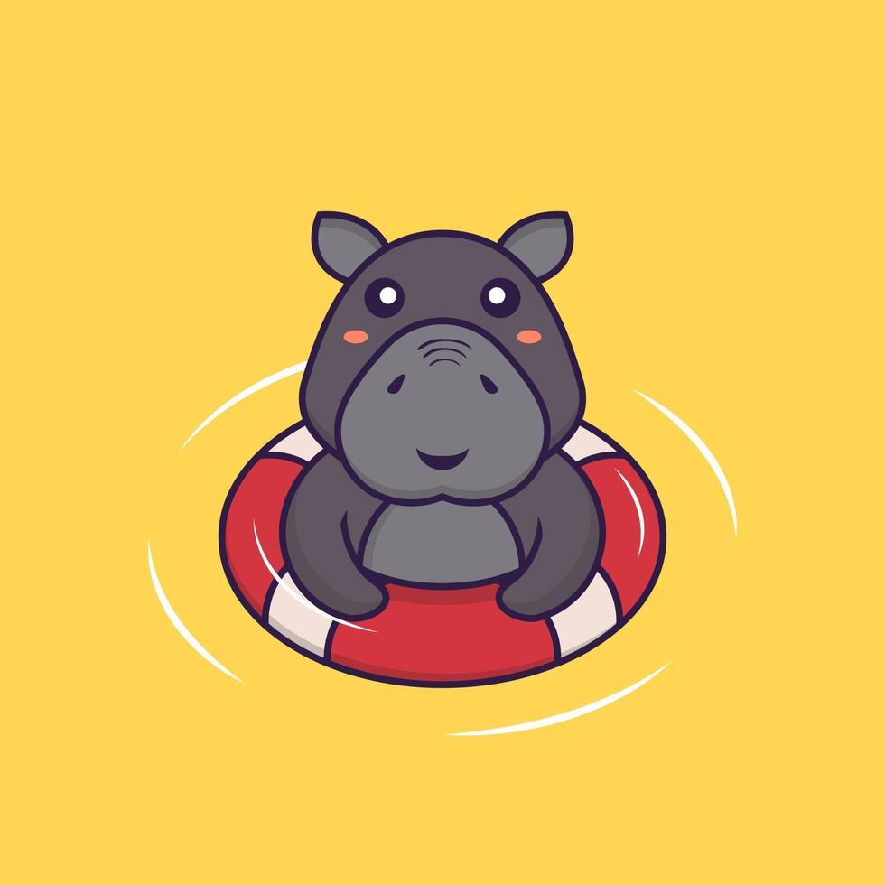 l'hippopotame mignon nage avec une bouée. concept de dessin animé animal. vecteur