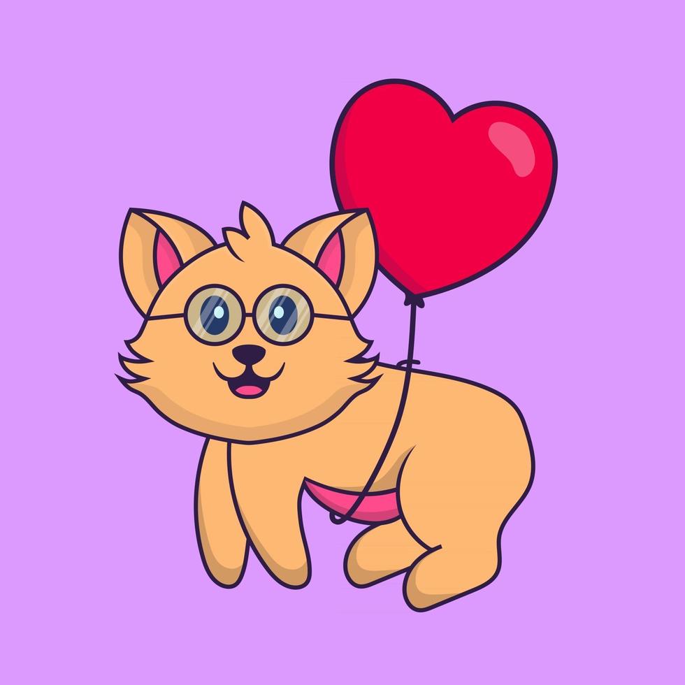 chat mignon volant avec des ballons en forme d'amour. vecteur