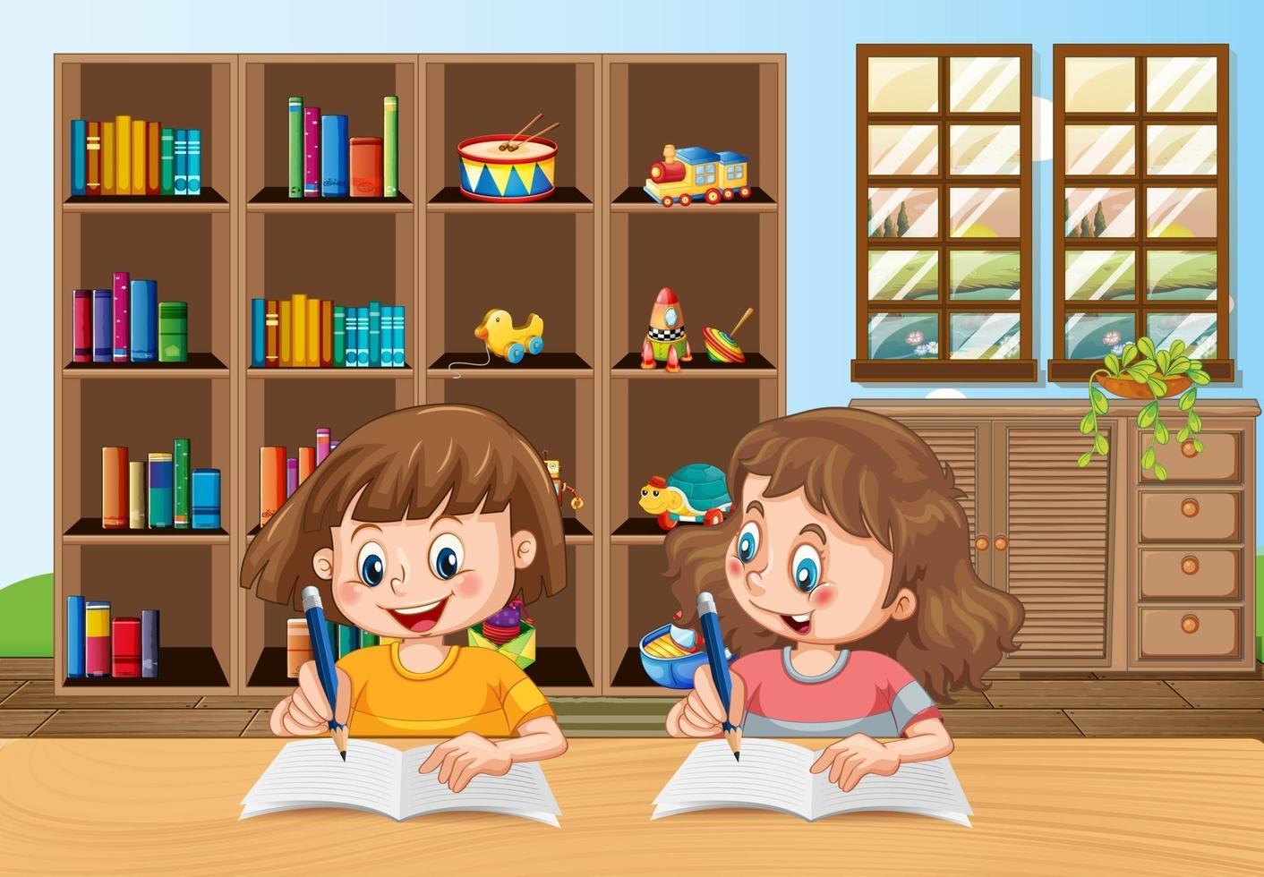 deux enfants faisant leurs devoirs dans la scène de la chambre vecteur