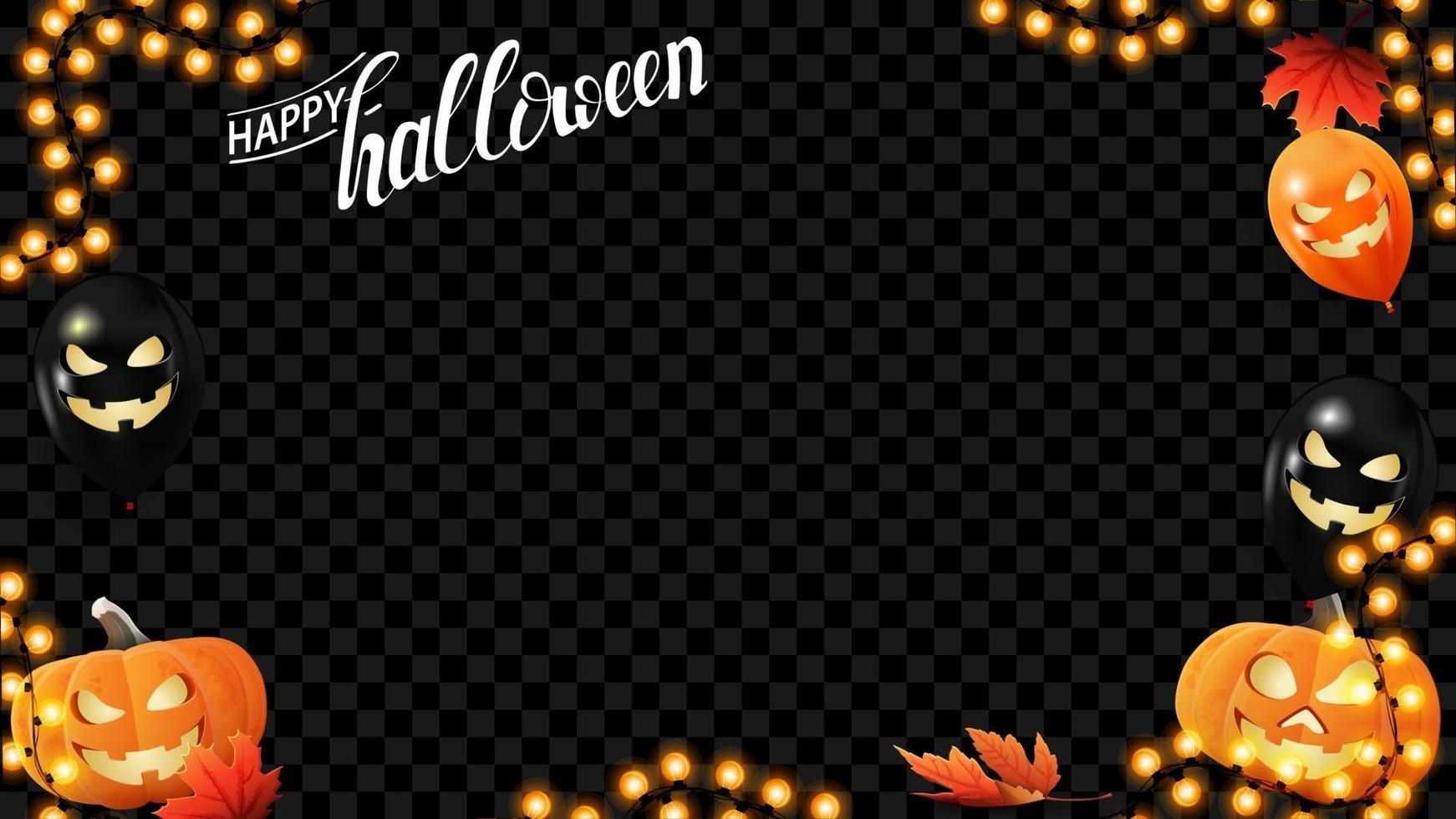 joyeux halloween, modèle de cadre horizontal pour votre création. cadre de guirlande avec des ballons d'halloween, des feuilles de citrouille et d'automne isolés sur fond noir vecteur