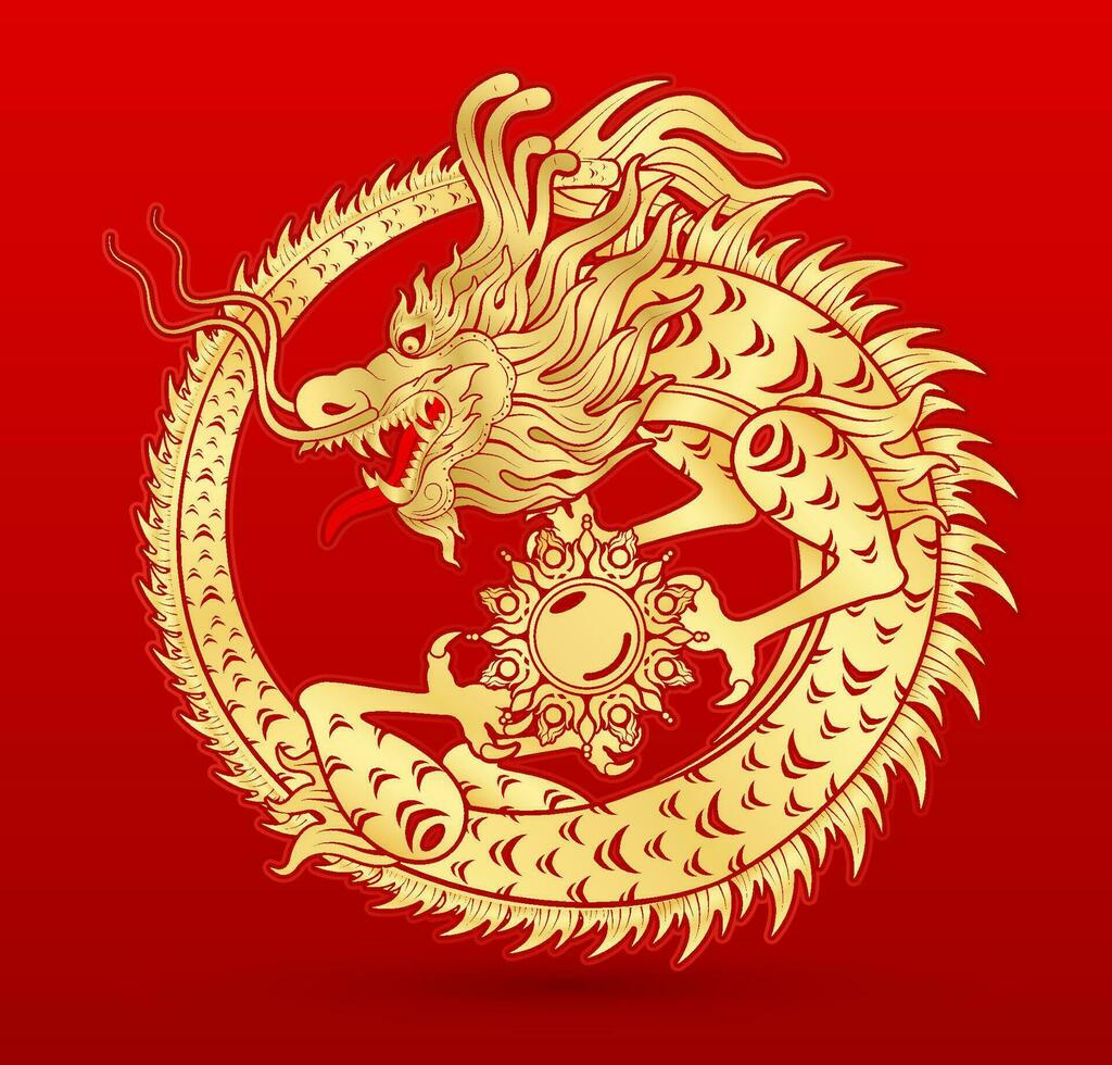 traditionnel chinois dragon or zodiaque signe isolé sur rouge Contexte pour carte conception impression médias ou festival. Chine lunaire calendrier animal content Nouveau an. vecteur illustration.
