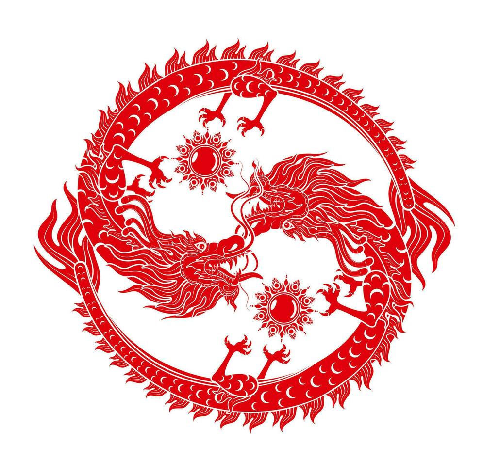 traditionnel chinois dragon rouge zodiaque signe yin Yang infini isolé sur blanc Contexte pour carte conception impression médias ou festival. Chine lunaire calendrier animal content Nouveau an. vecteur illustration.