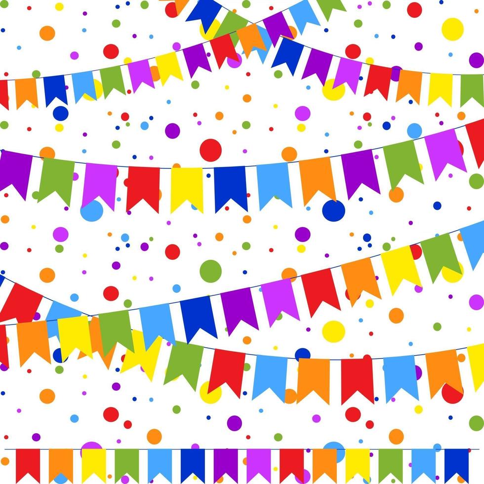 ensemble de six guirlandes plates colorées isolées sous forme de drapeaux sur une corde. sur fond de confettis colorés. adapté à la conception. vecteur