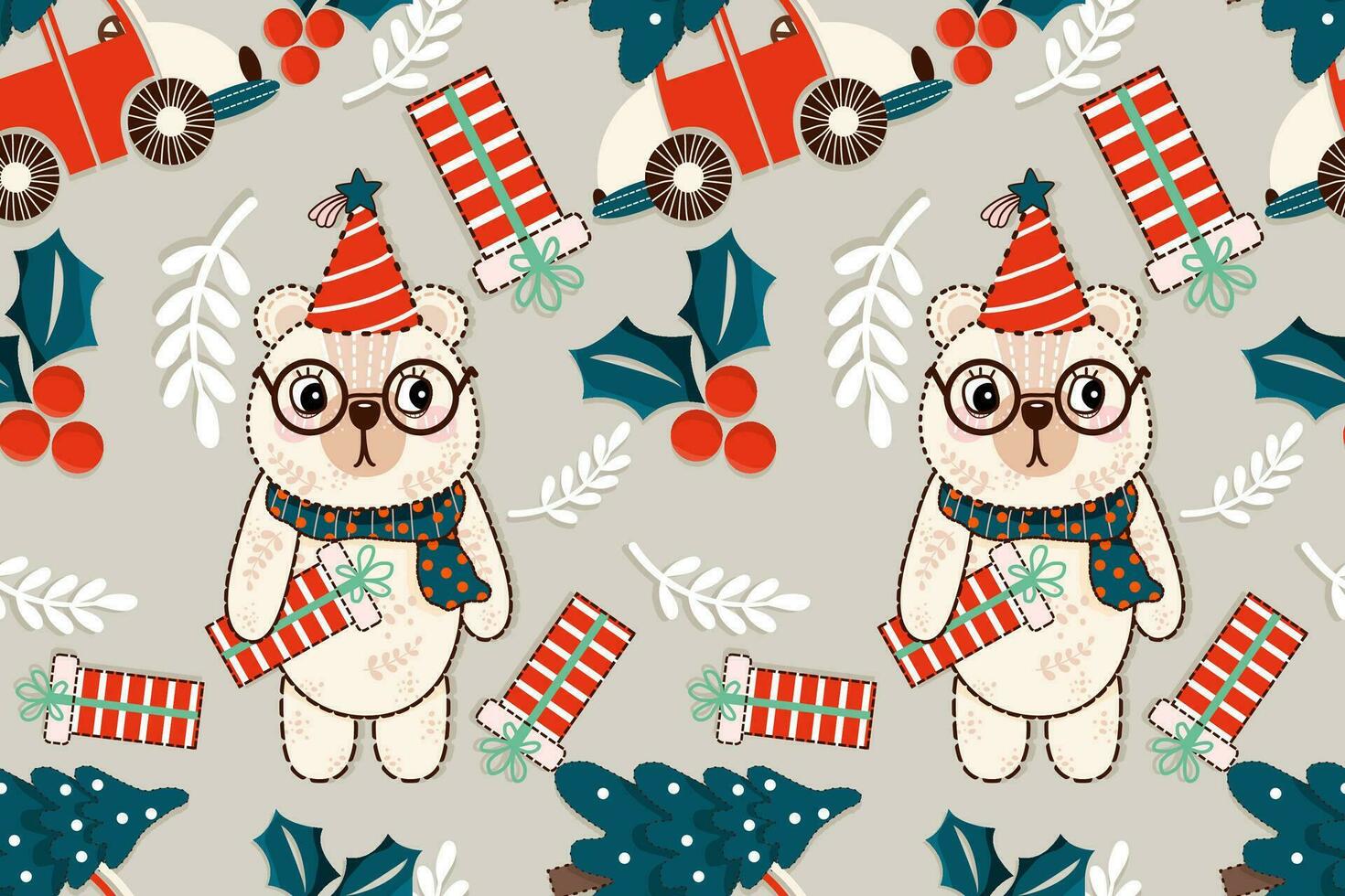 Noël sans couture modèle sur gris background.seamless modèle de polaire ours, arbre, voiture, cadeau, baies, feuille.noël concept vecteur illustration.design pour texture, tissu, vêtements, emballage papier, impression.