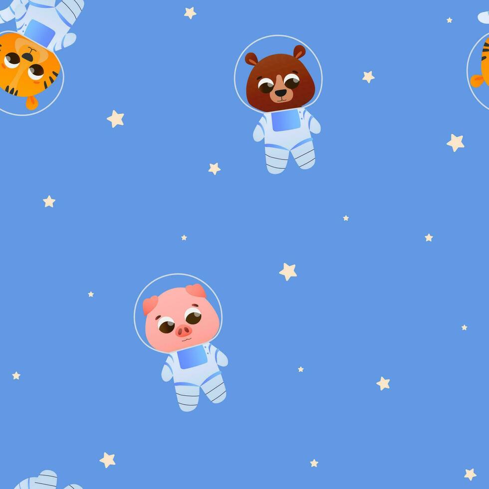 sans couture modèle pour literie, fond d'écran ou tissu, animaux explorer cosmos dans dessin animé style sur bleu arrière-plan, mignonne personnages dans astronaute costumes vecteur