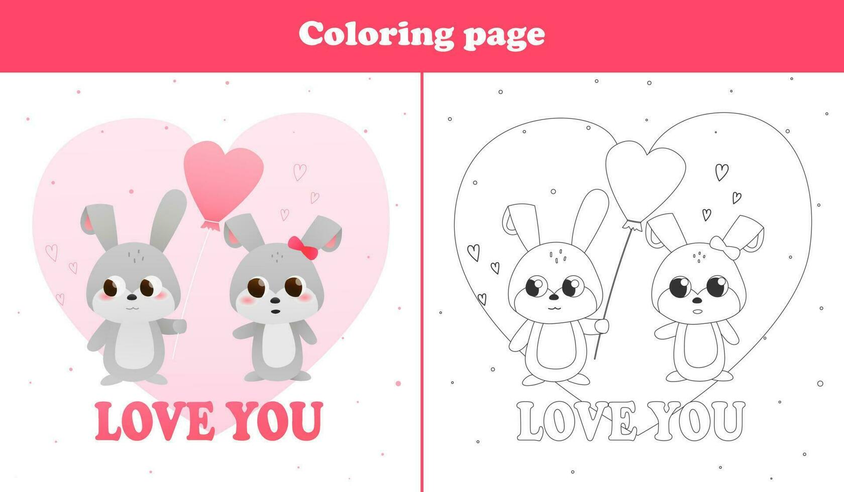 imprimable feuille de travail avec coloration page pour Valentin journée avec mignonne lapin personnages donnant cadeau, cœur forme des ballons dessin animé style vecteur