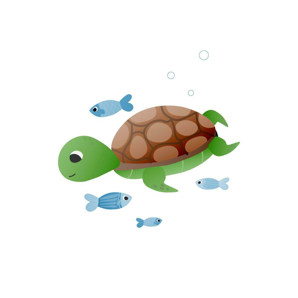 mignonne vecteur puéril tortue avec peu des poissons, graphique pour éducatif affiches à propos Marin vie, kawaii animal personnage isolé sur blanc Contexte