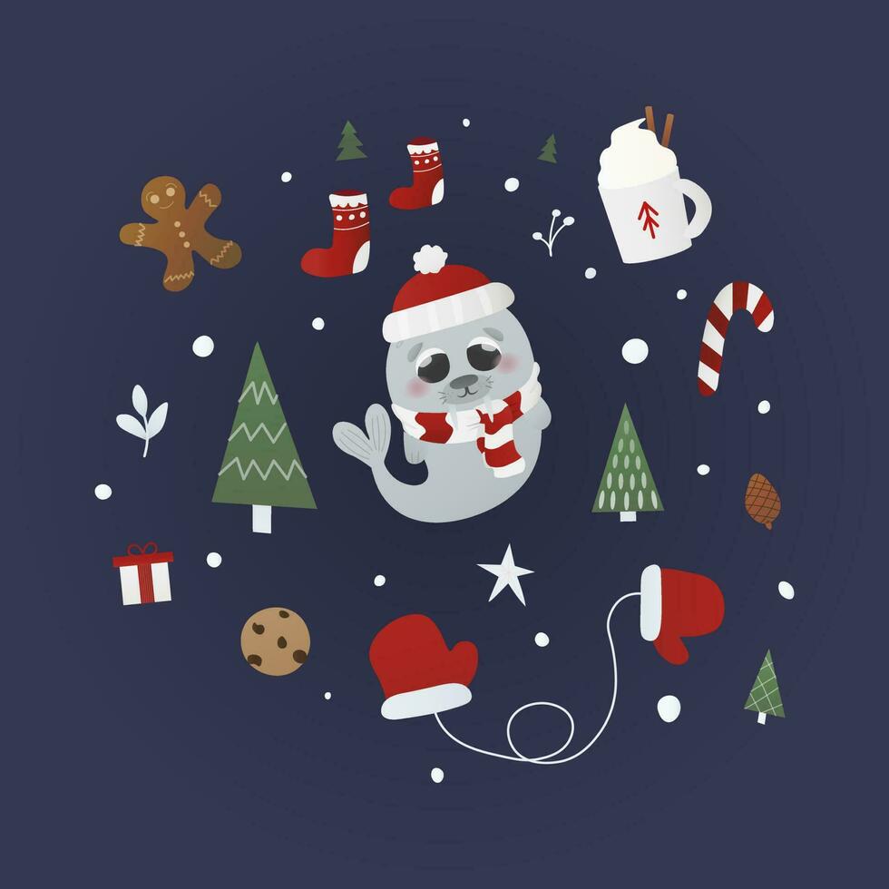 mignonne dessin animé morse dans Noël écharpe autour Nouveau année symboles, Noël arbre, pain d'épice et cadeaux, puéril illustration pour carte vecteur