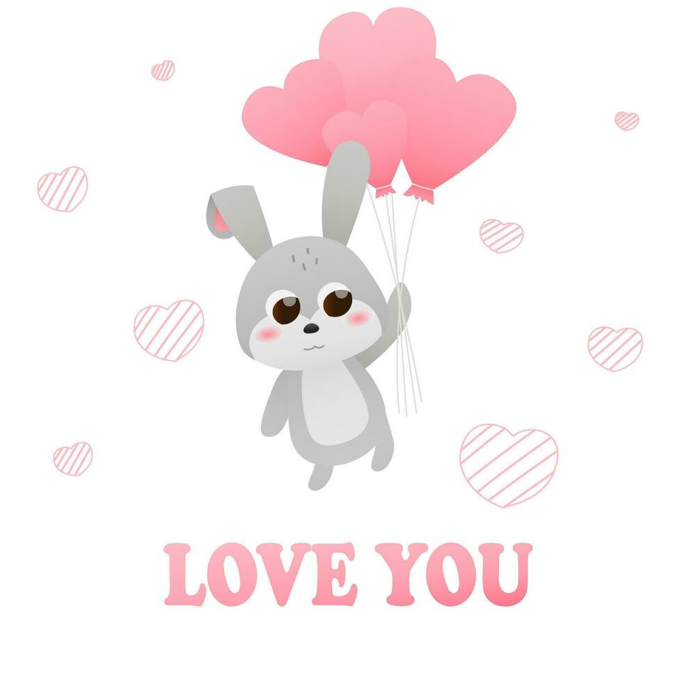 mignonne puéril lapin en portant cœur ballons et voler, content valentines carte pour enfants, l'amour vous romantique illustration, peu lapin vecteur