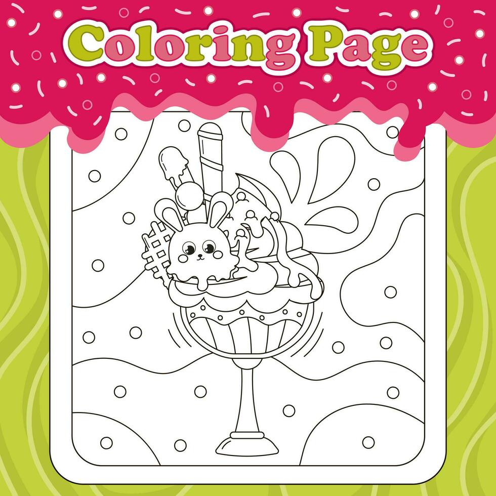 été bonbons à thème coloration page pour des gamins avec kawaii animal personnage lapin en forme de la glace crème avec Chocolat vecteur