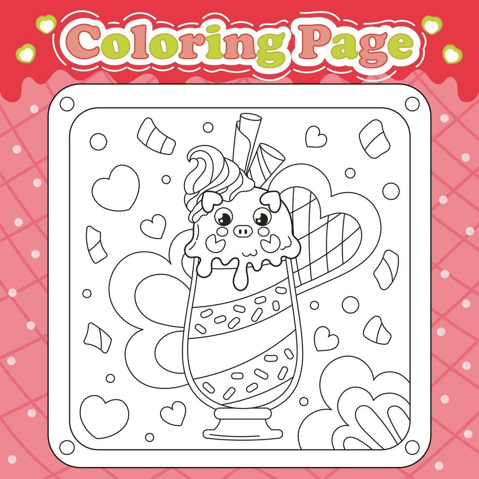 été bonbons à thème coloration page pour des gamins avec kawaii animal personnage porc en forme de la glace crème avec crème vecteur