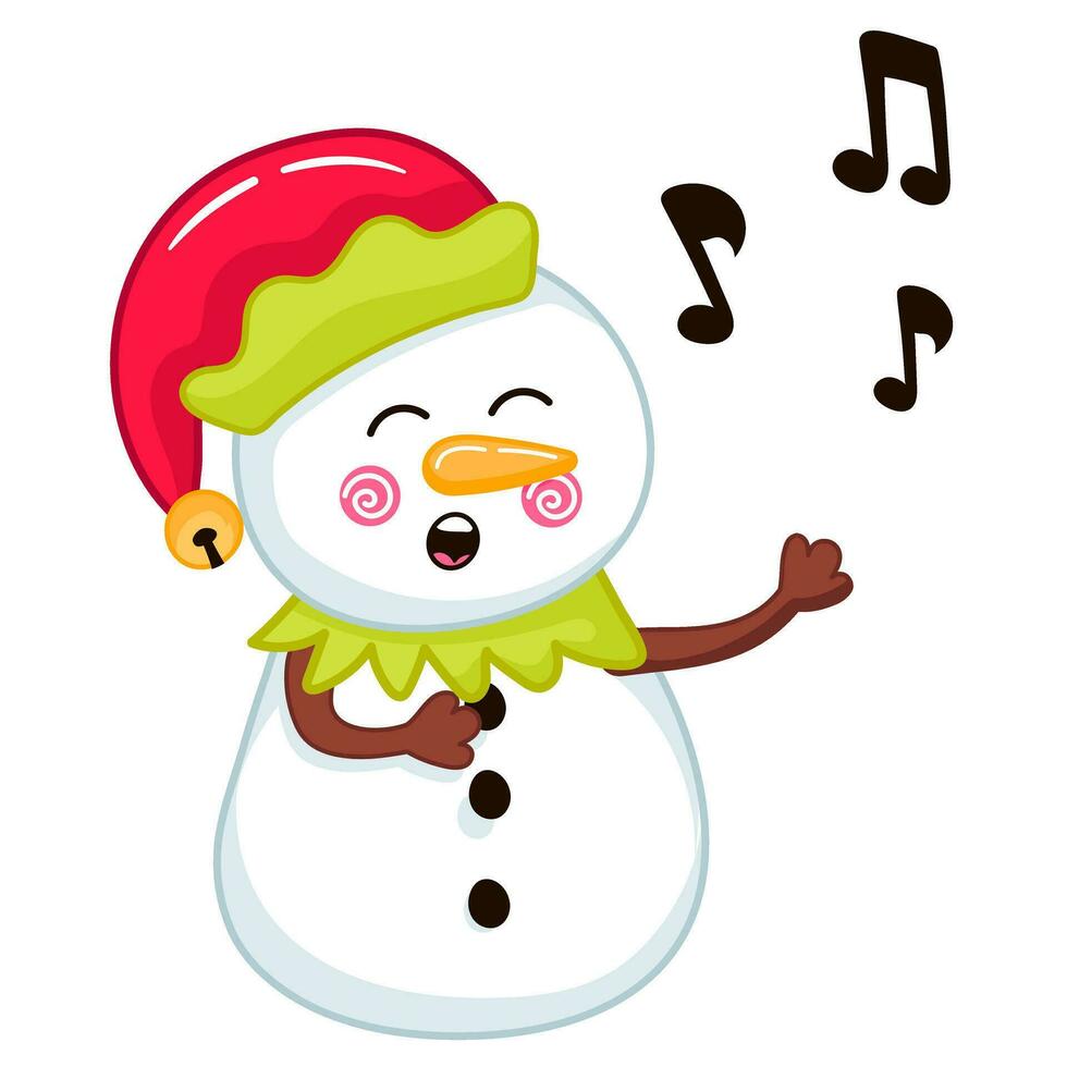 mignonne bonhomme de neige personnage dans elfe costume jouer en chantant chanson dans dessin animé style vecteur