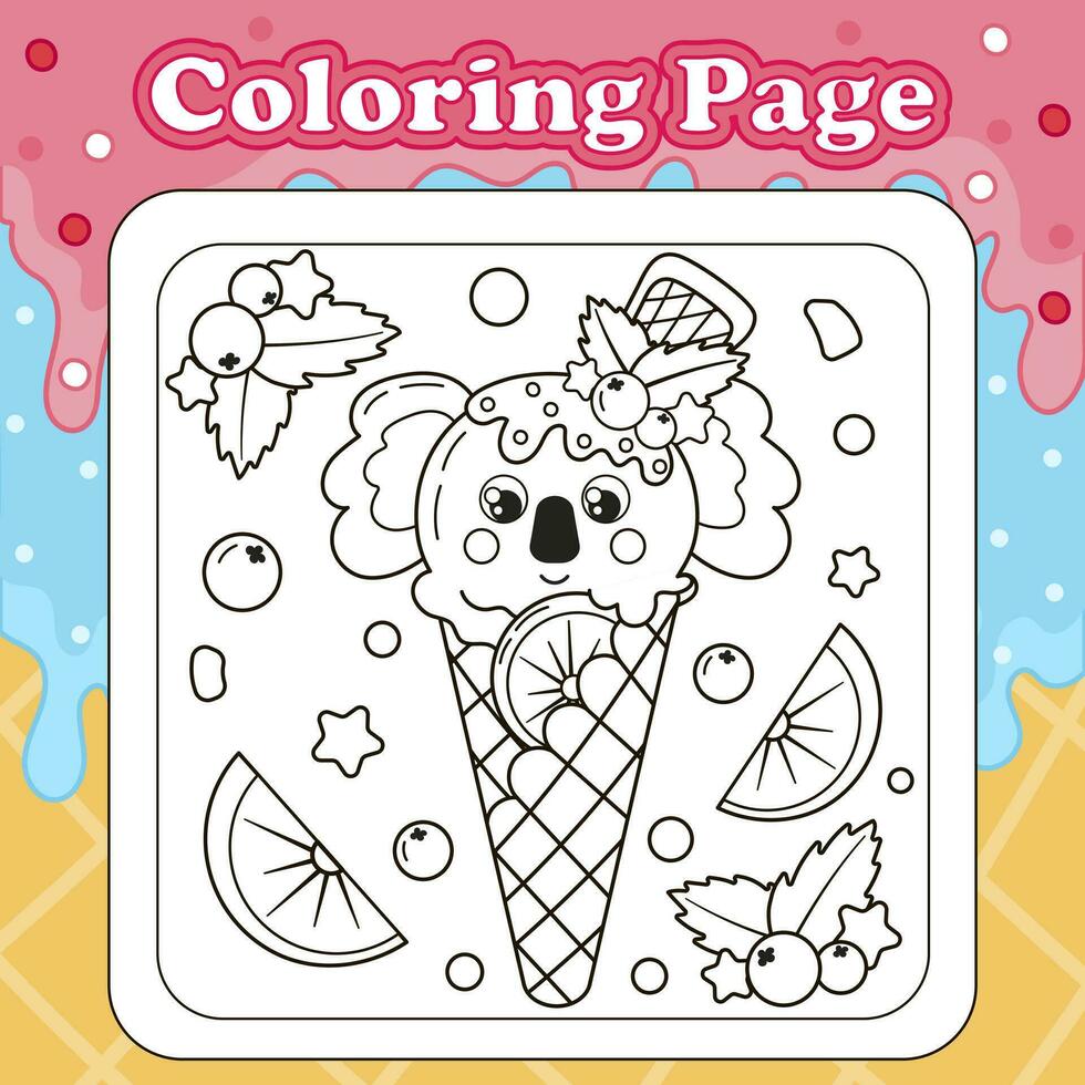 été bonbons à thème coloration page pour des gamins avec kawaii animal personnage koala en forme de la glace crème avec Orange vecteur