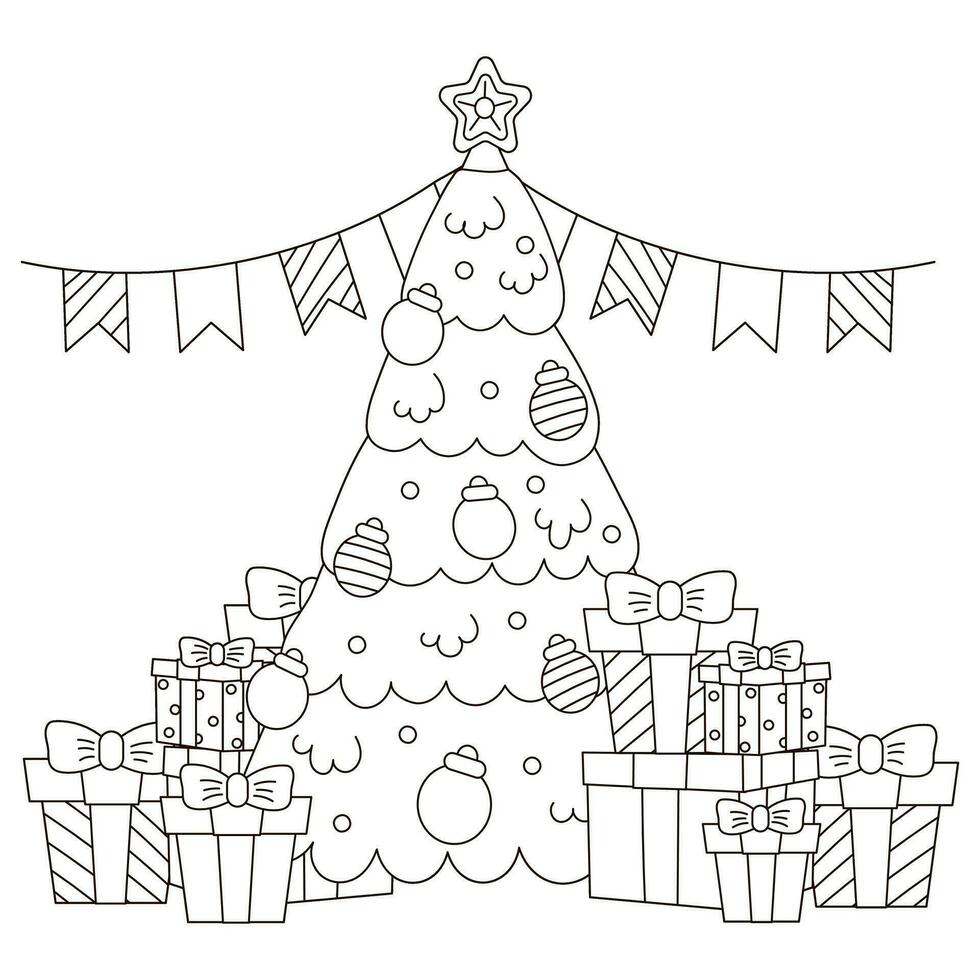 Noël arbre et cadeaux thème coloration page pour des gamins et adultes vecteur