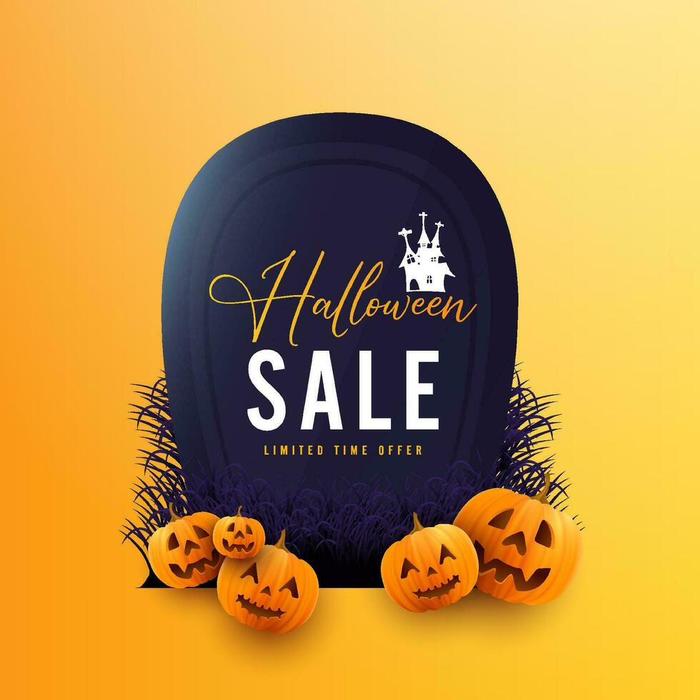 Halloween saisonnier vente promotion carte illustration avec gros pierre tombale et citrouilles sur Jaune Contexte vecteur