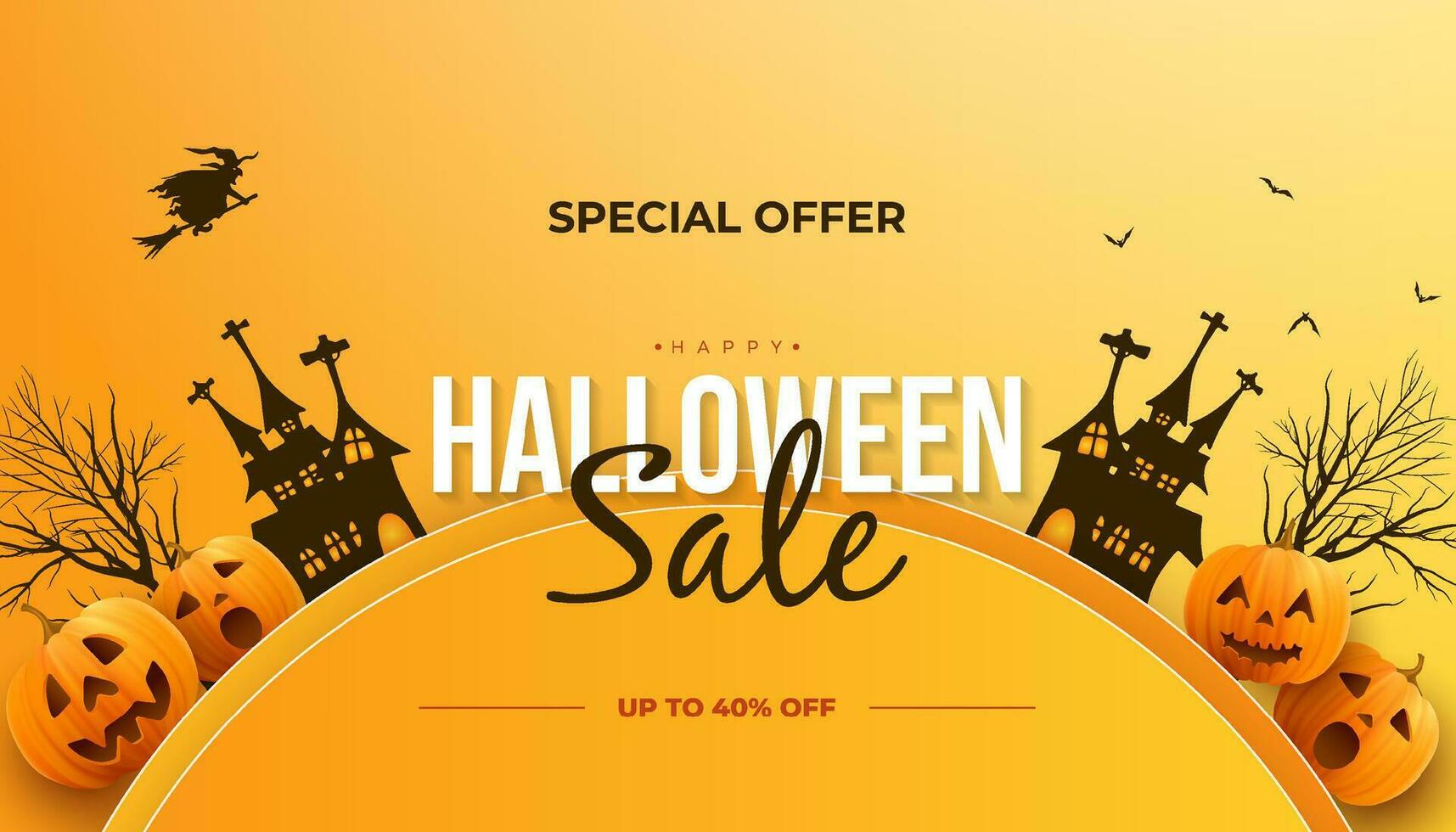 Halloween horizontal vente bannière entête avec Halloween hanté maison mort arbre et réaliste citrouilles vecteur