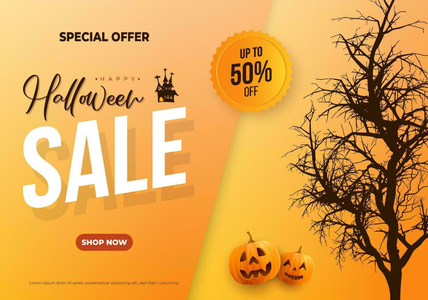 content Halloween vente bannière illustration avec terrifiant mort arbre et citrouilles. vente remise étiquette vecteur