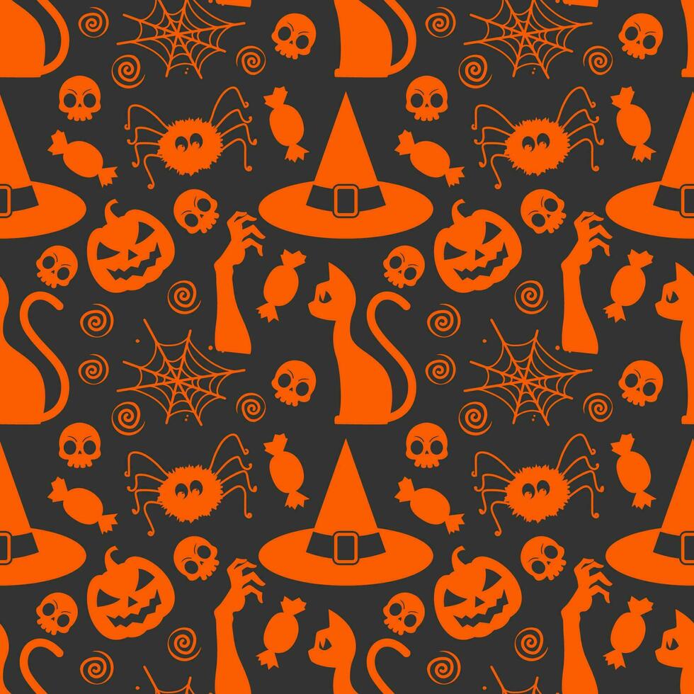 Halloween sans couture crépiter avec Orange sorcière chapeau et araignée sur noir Contexte vecteur