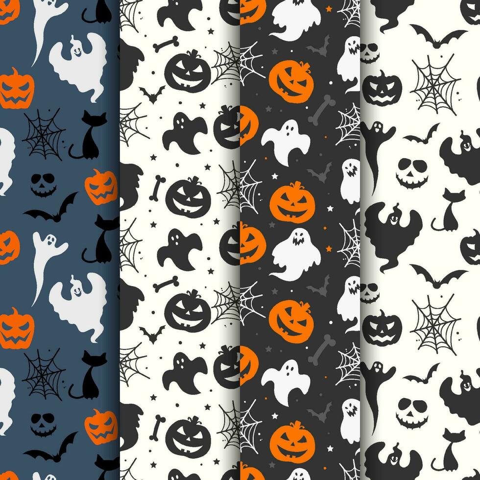 Halloween sans couture motifs Contexte collection illustration avec des fantômes chats chauves-souris citrouilles et toiles d'araignée vecteur