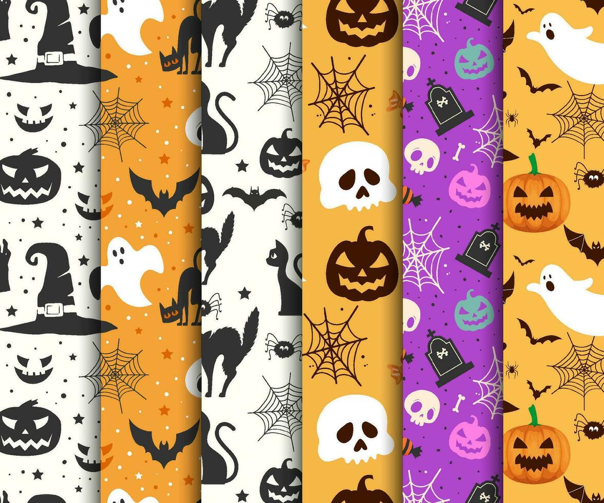 Halloween motifs collection avec chats sorcière chapeau toiles d'araignée et citrouilles vecteur