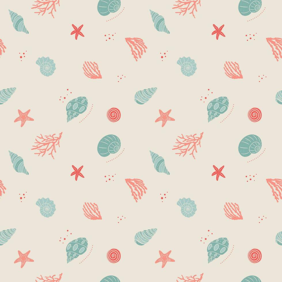 main tiré coquilles, étoile de mer et coraux sans couture modèle. texturé lino Couper style été des illustrations toile de fond. espiègle mignonne pastel couleurs fond d'écran. vecteur