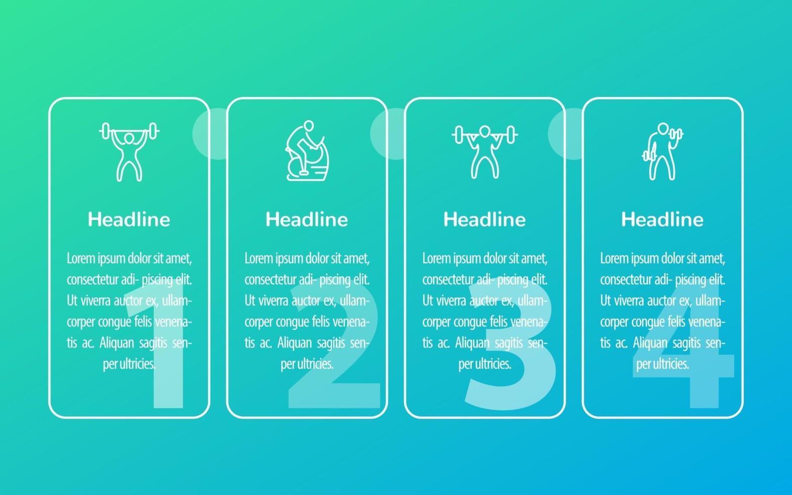 entraînement de gym, entraînement, infographie en 4 étapes avec des icônes de fitness linéaires vecteur