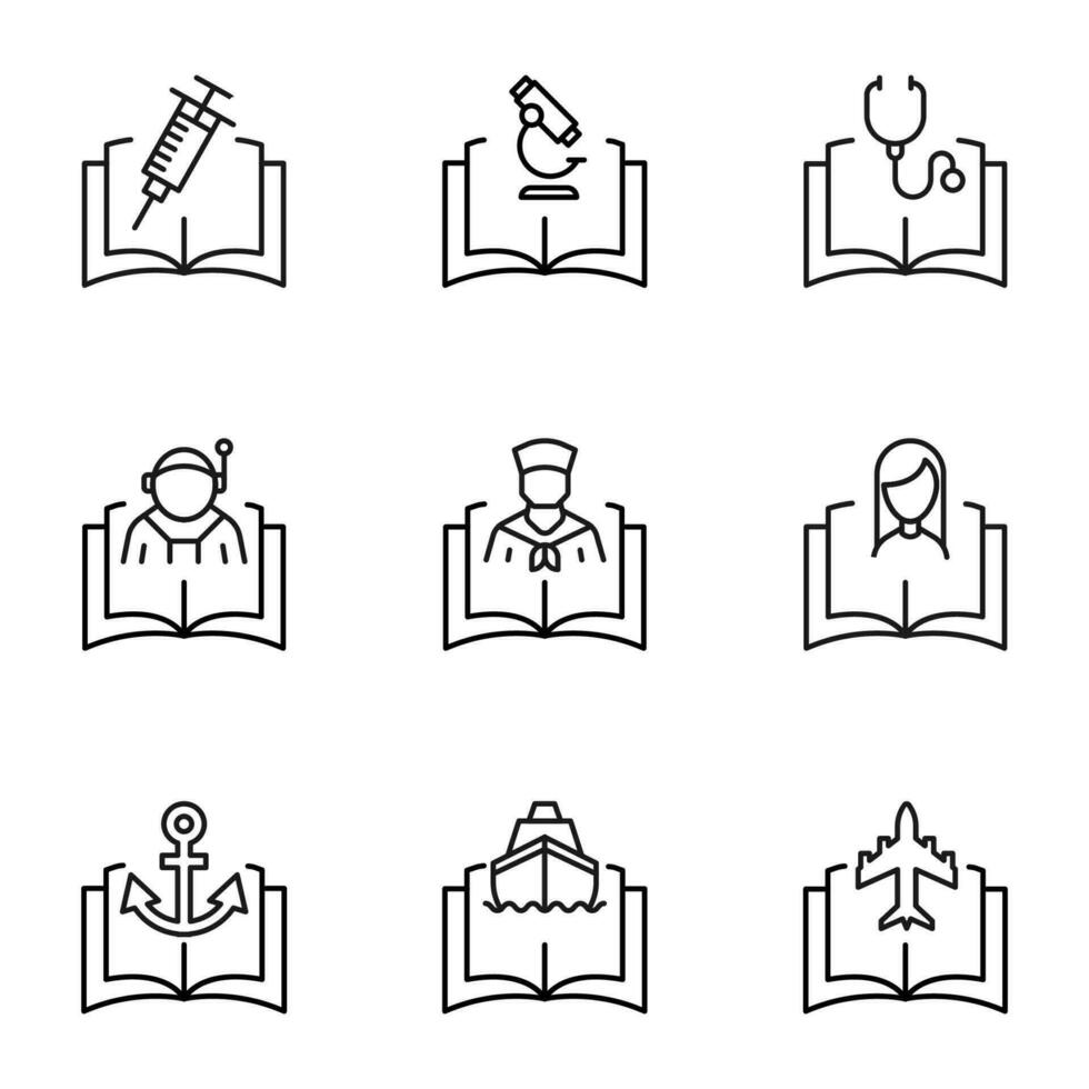 ensemble de panneaux pour interface utilisateur, Annonces, livres tiré dans ligne style. modifiable accident vasculaire cérébral. Icônes de seringue, microscope, stéthoscope, profession, ancre, bateau, avion plus de livre vecteur